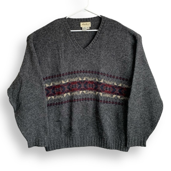 Vintage Fair Isle Wool Sweater XXL Eddie Bauer 90s V Neck Grandpa Pullover - Picture 4 of 12
